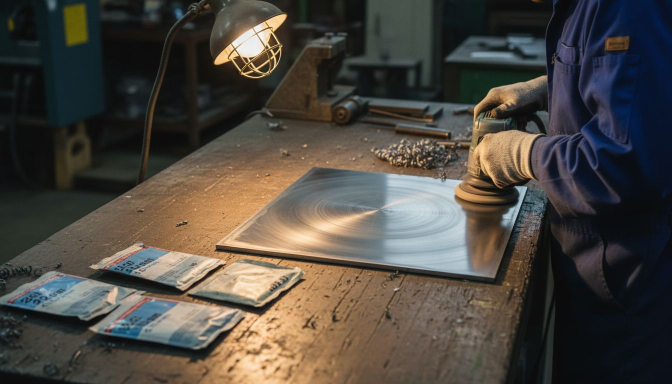 Worker using rotary polisher in grit progression