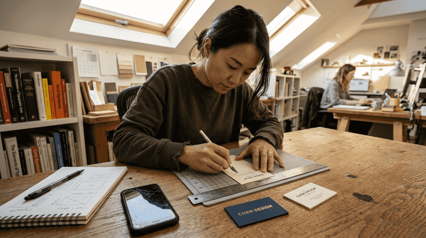 Designer measuring business card mock-up in studio