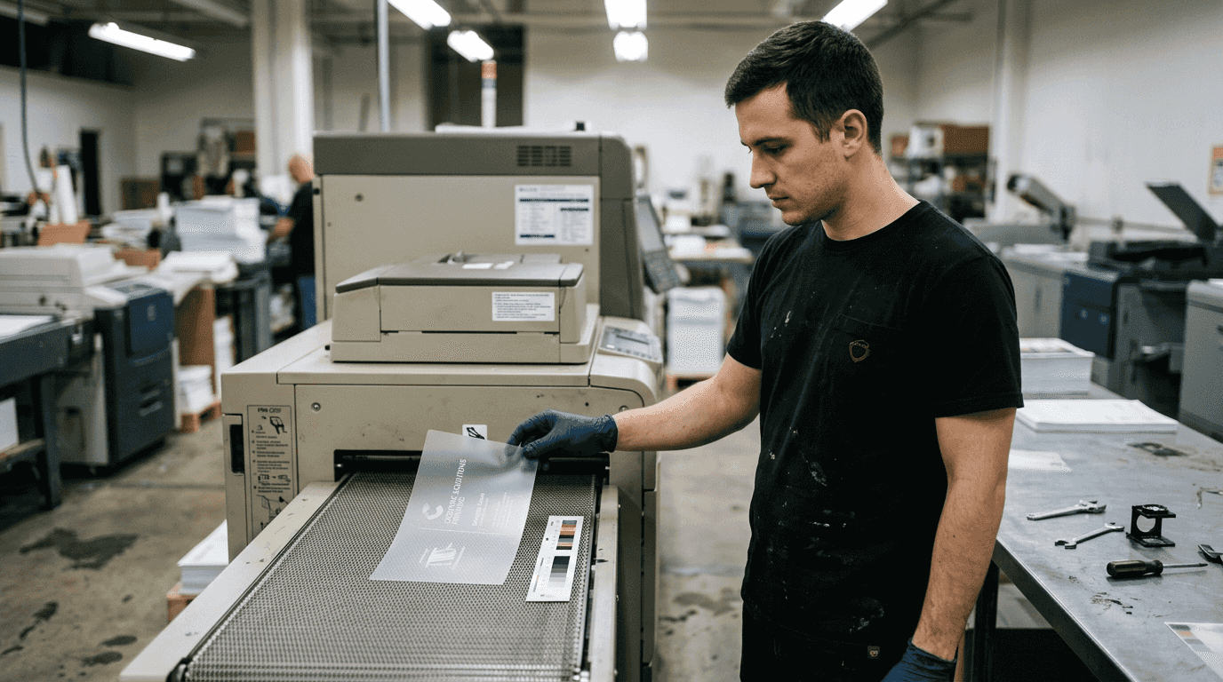 Technician printing translucent card in workshop