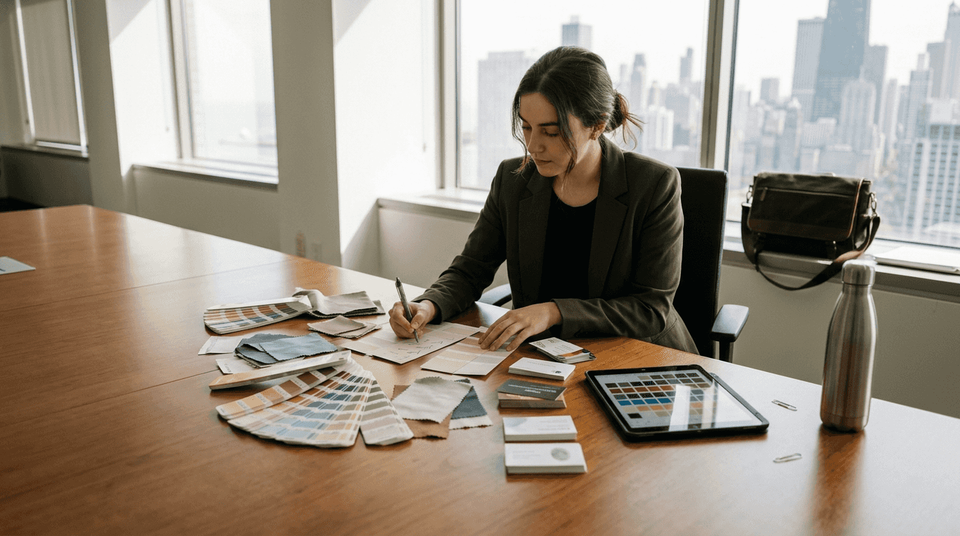 Businesswoman matching brand colors to cards