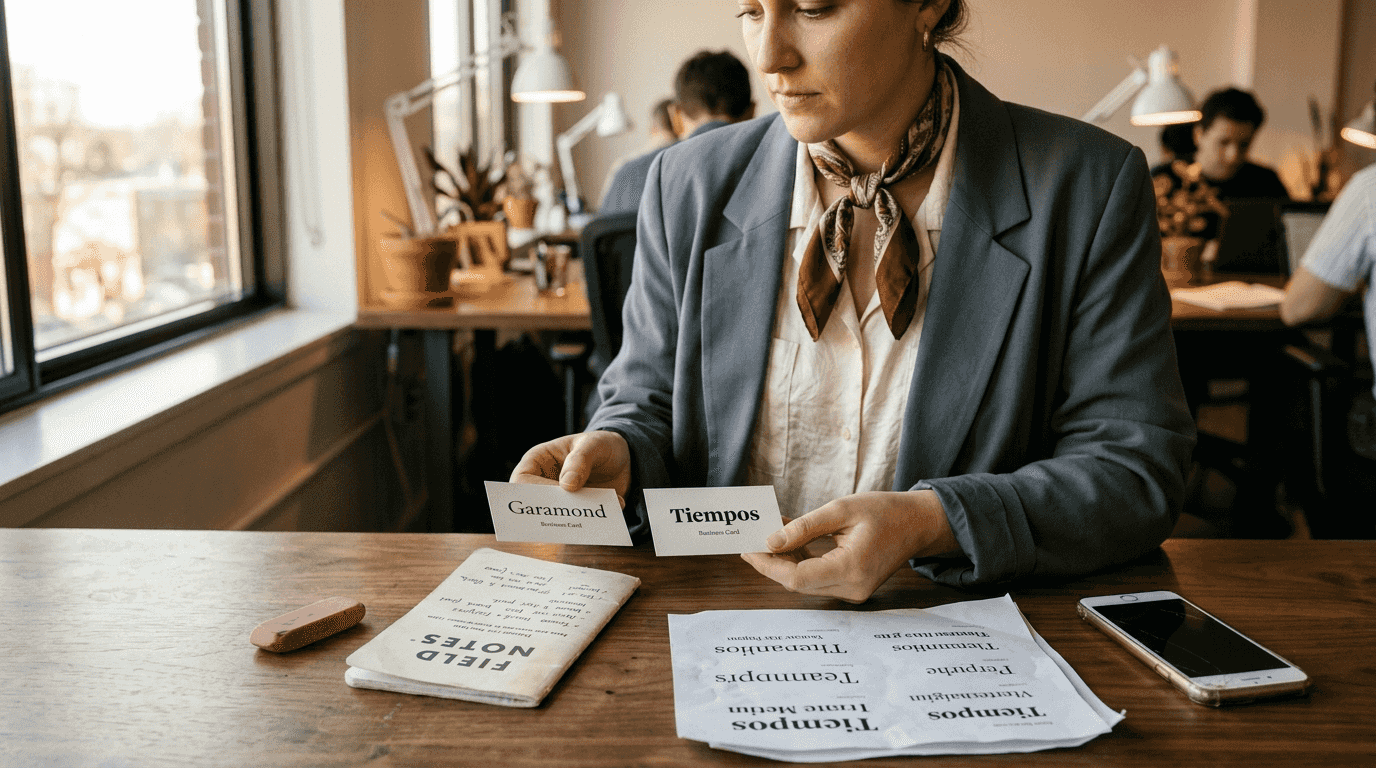 Businesswoman comparing business cards with serif fonts