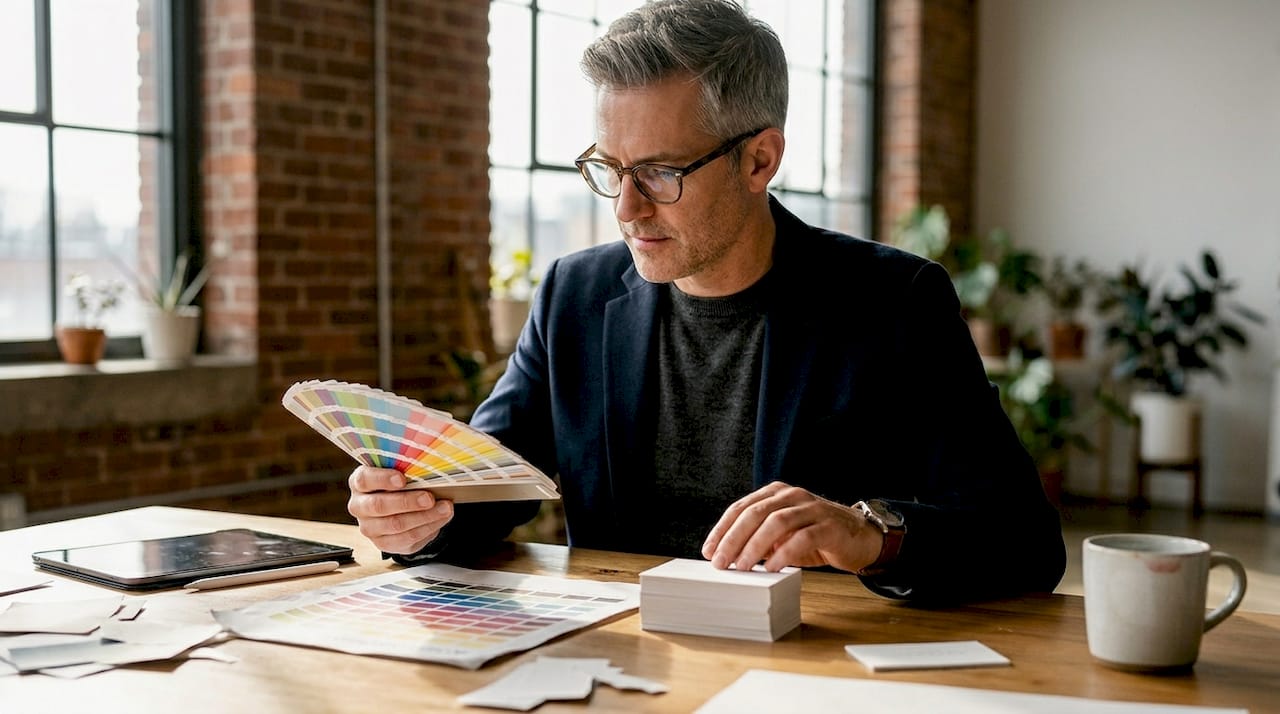 Man compares swatches for luxury business card design