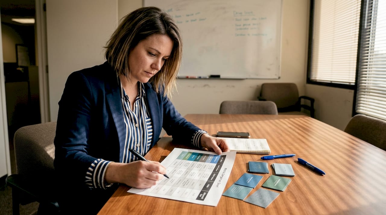 Manager examining business card color comparison