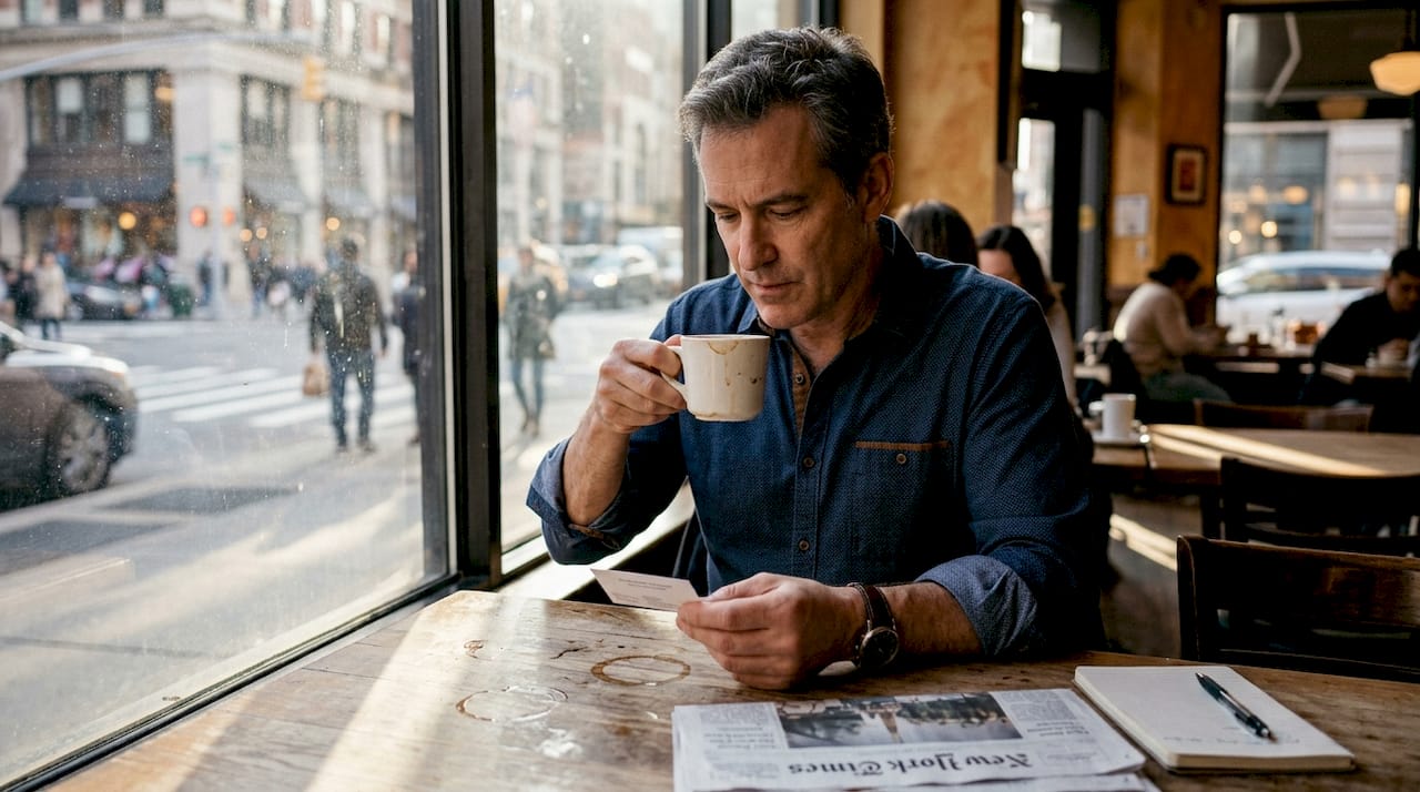 Client evaluating new business card in café