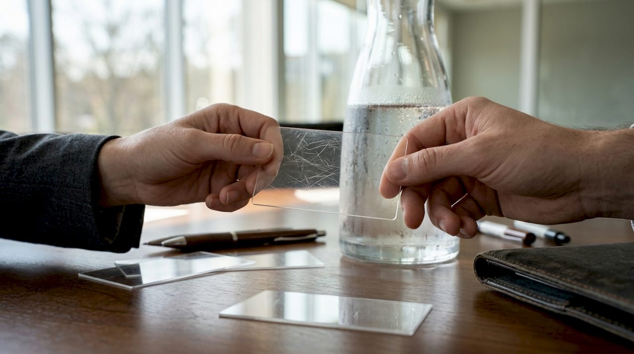 Businesswoman exchanging clear business cards in meeting