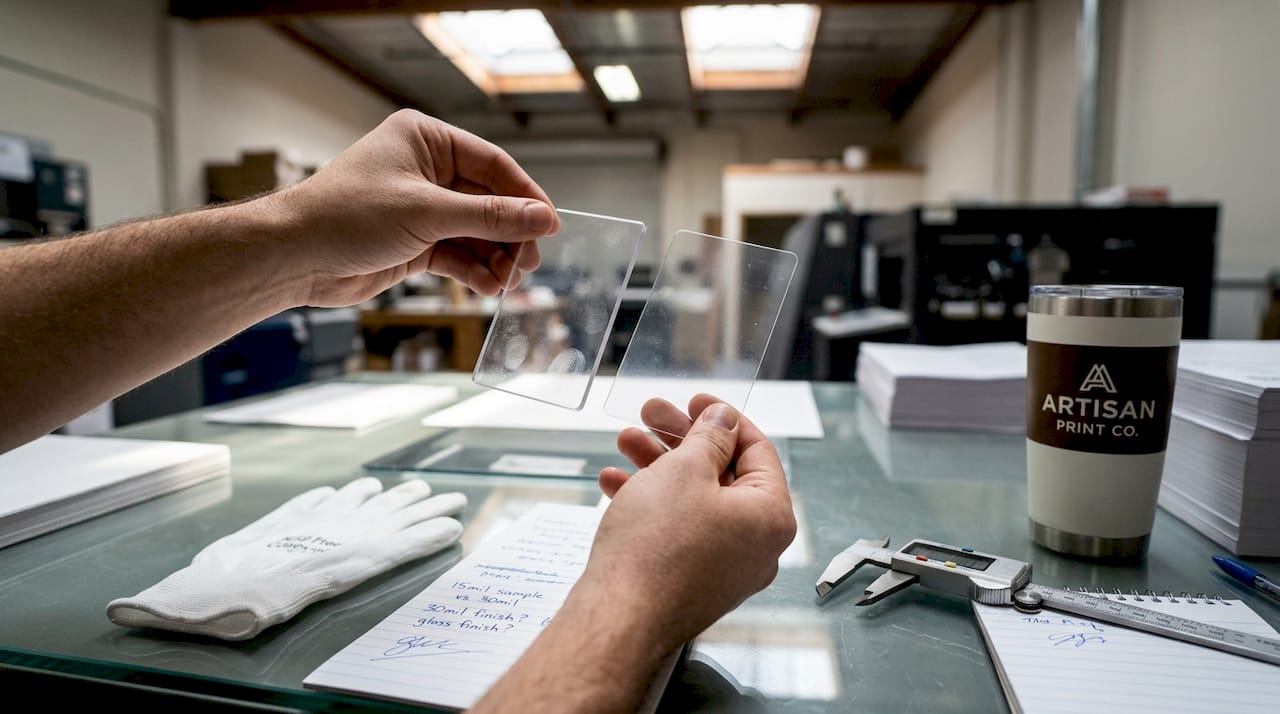 Hands comparing card thickness over printshop table
