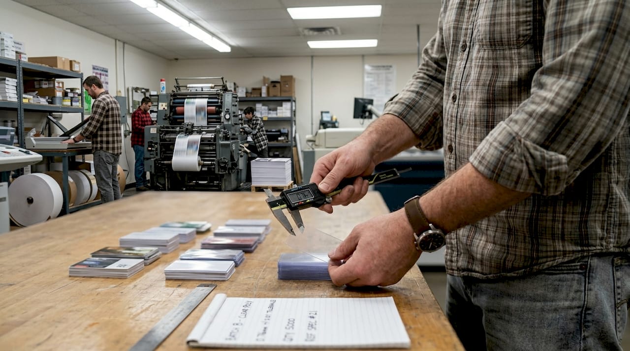 Technician measures PVC PET card thickness