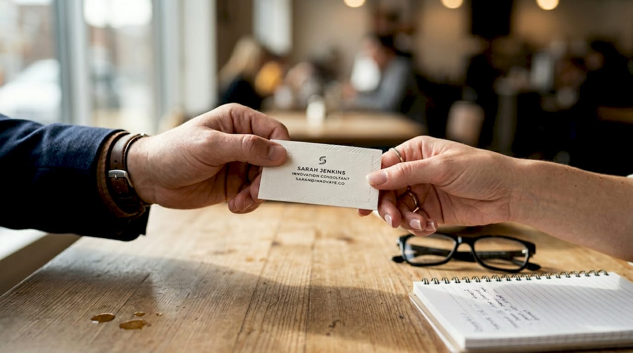 Close-up of hands exchanging textured card