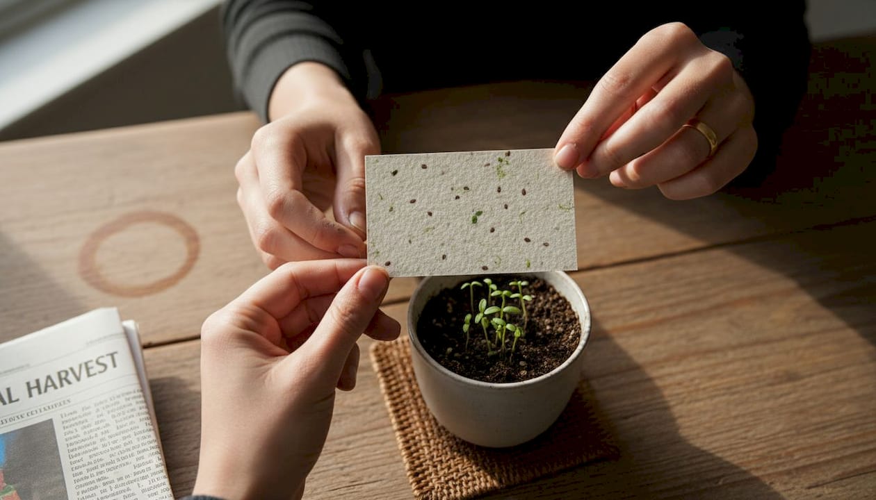 Hands holding seed paper business card above planter