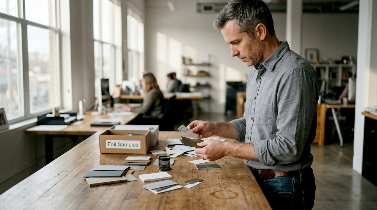 Designer reviewing luxury card materials