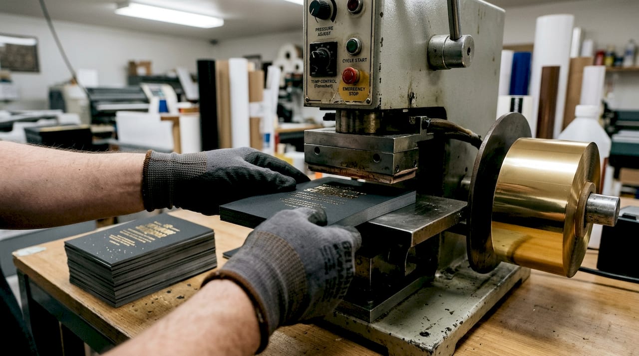 Foil stamping gold onto black business card