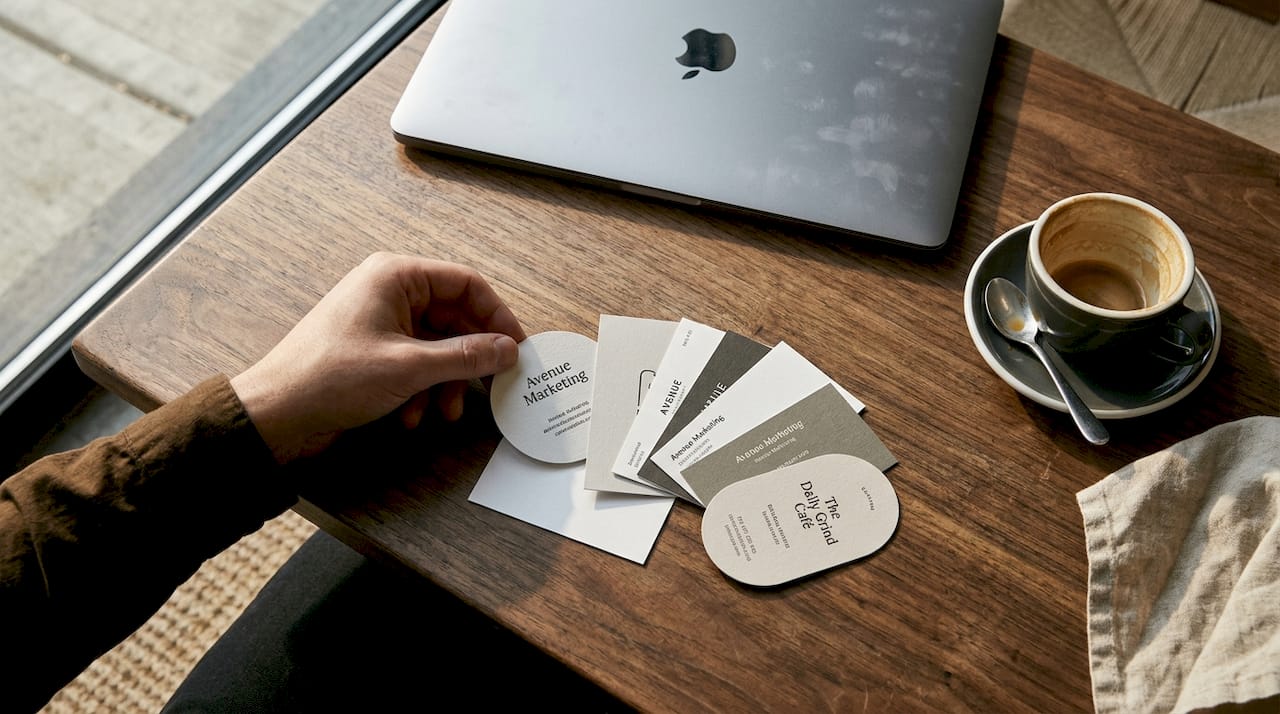Assorted shaped business cards on café table