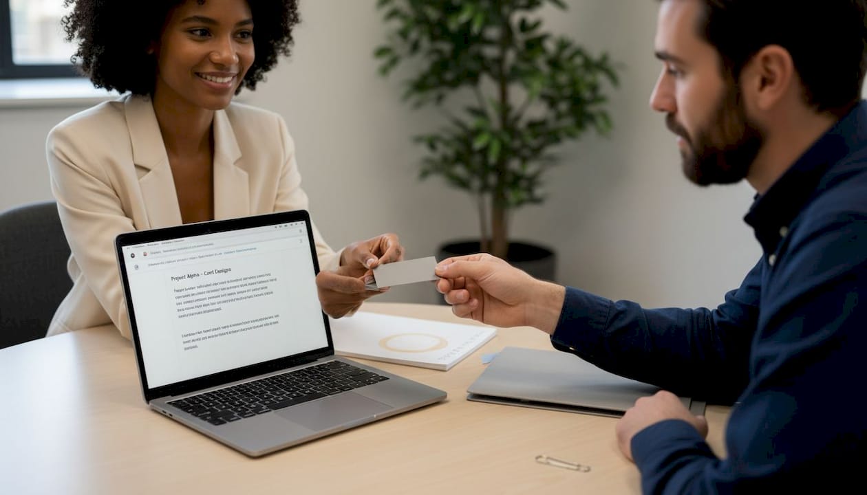 People comparing different card stocks in meeting