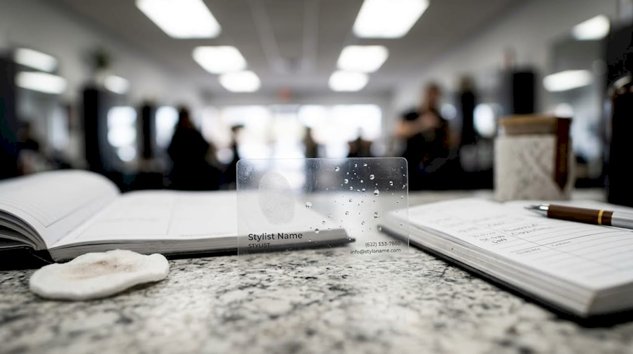 Clear business card on wet salon counter