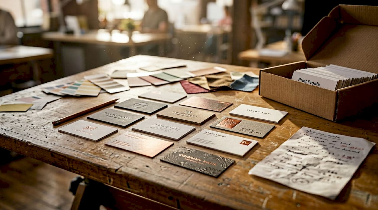 Designer inspecting business card print samples