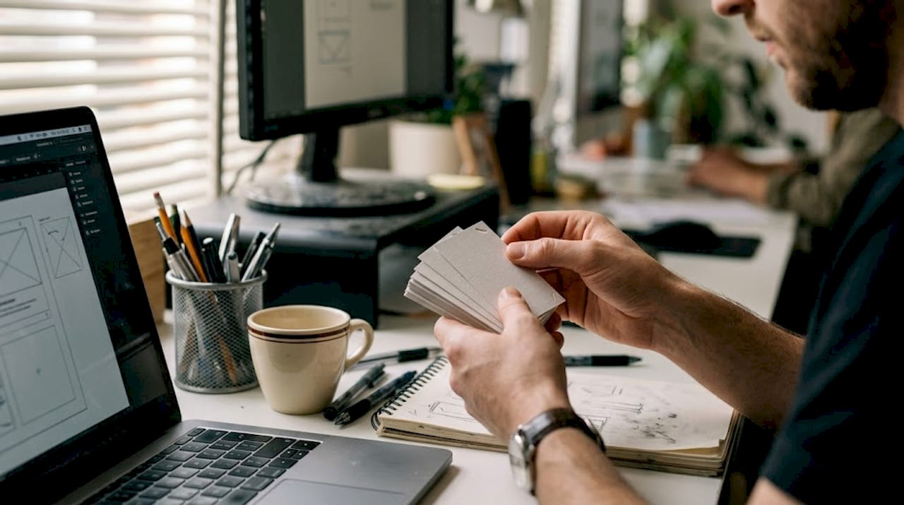 Designer reviews fresh business card prints