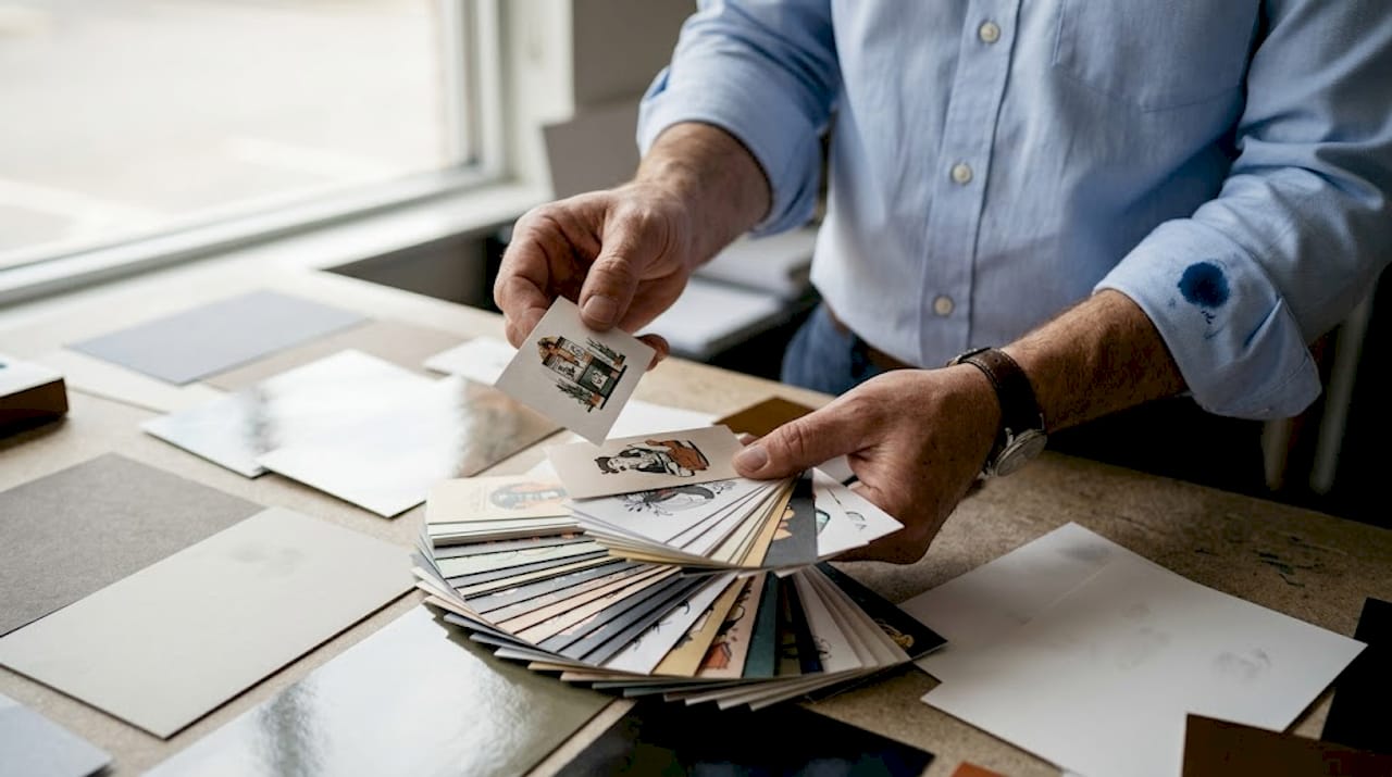 Selecting illustrated cards on premium material samples