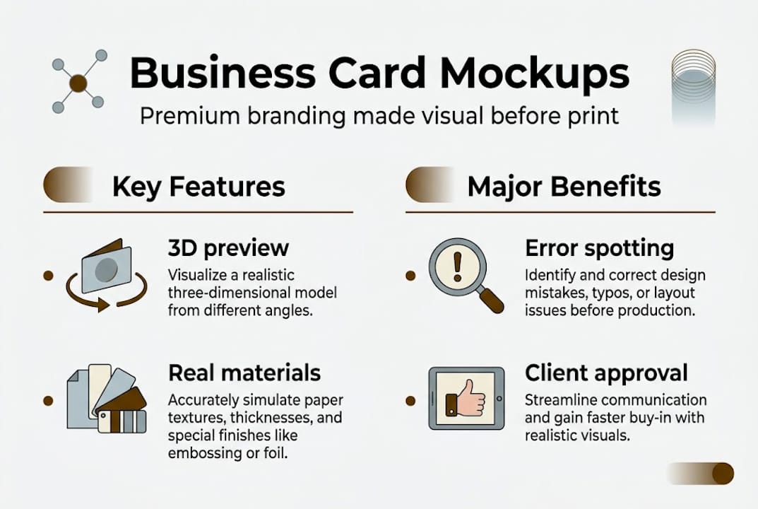 Infographic highlighting features and benefits of business card mockups