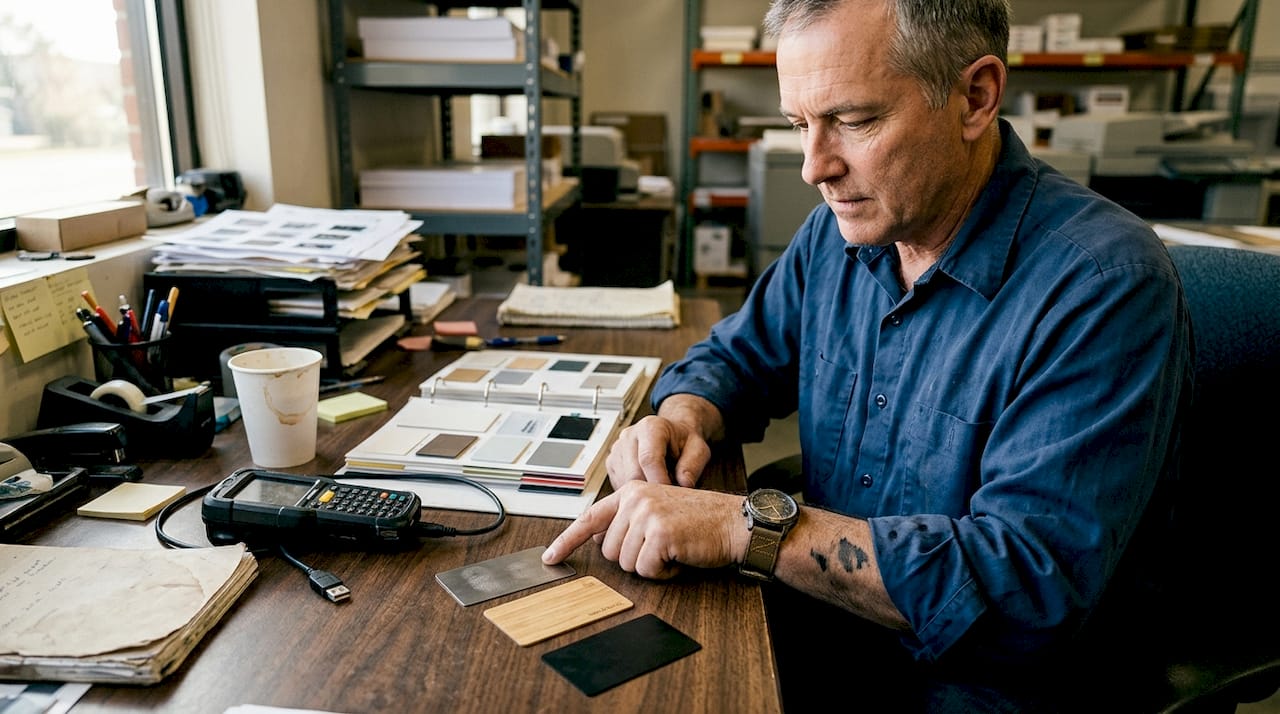 Comparing hybrid card materials at print desk