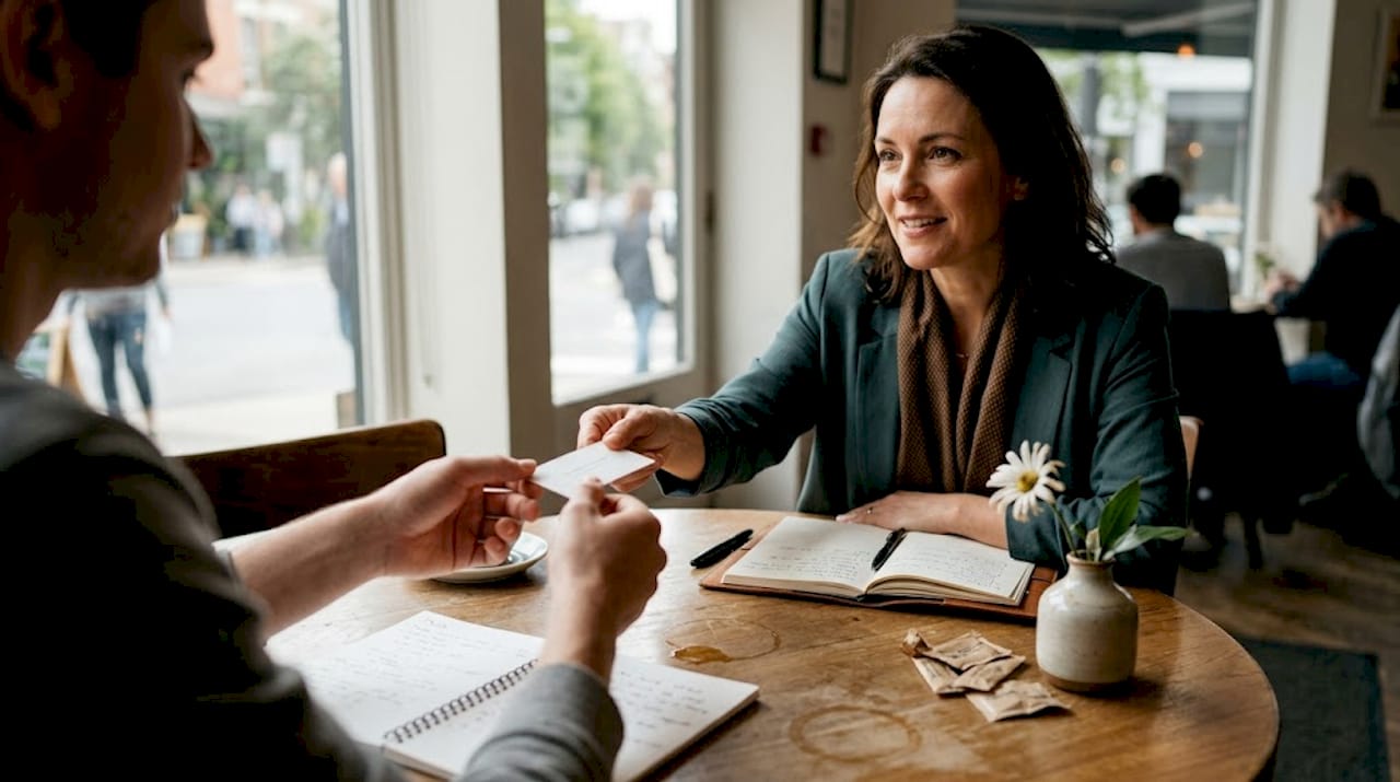 Business card handoff during coffee meeting