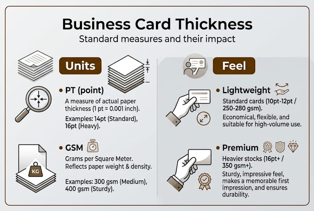 Infographic showing business card thickness units and feel