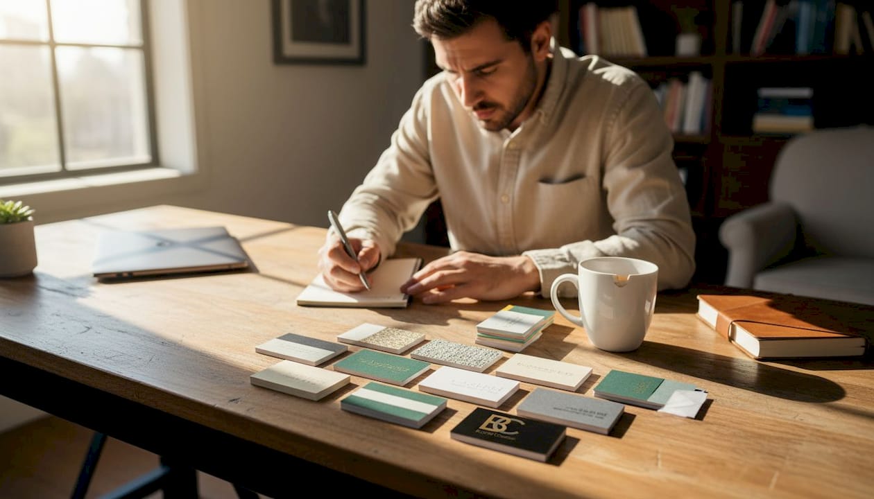 Person inspecting premium business card stock