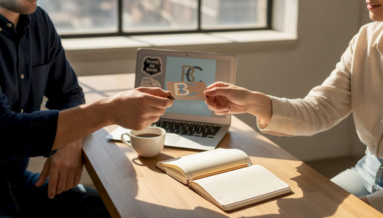 Designer exchanging business card in workspace