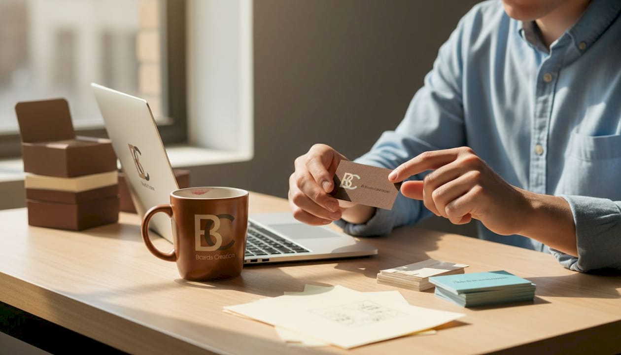 Startup founder feeling premium business card at table