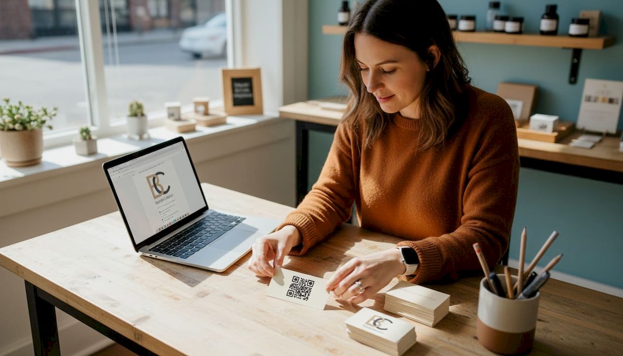 Owner placing custom networking card with QR code