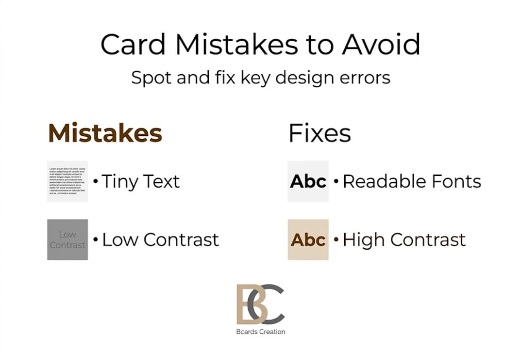 Infographic displaying business card mistakes and fixes