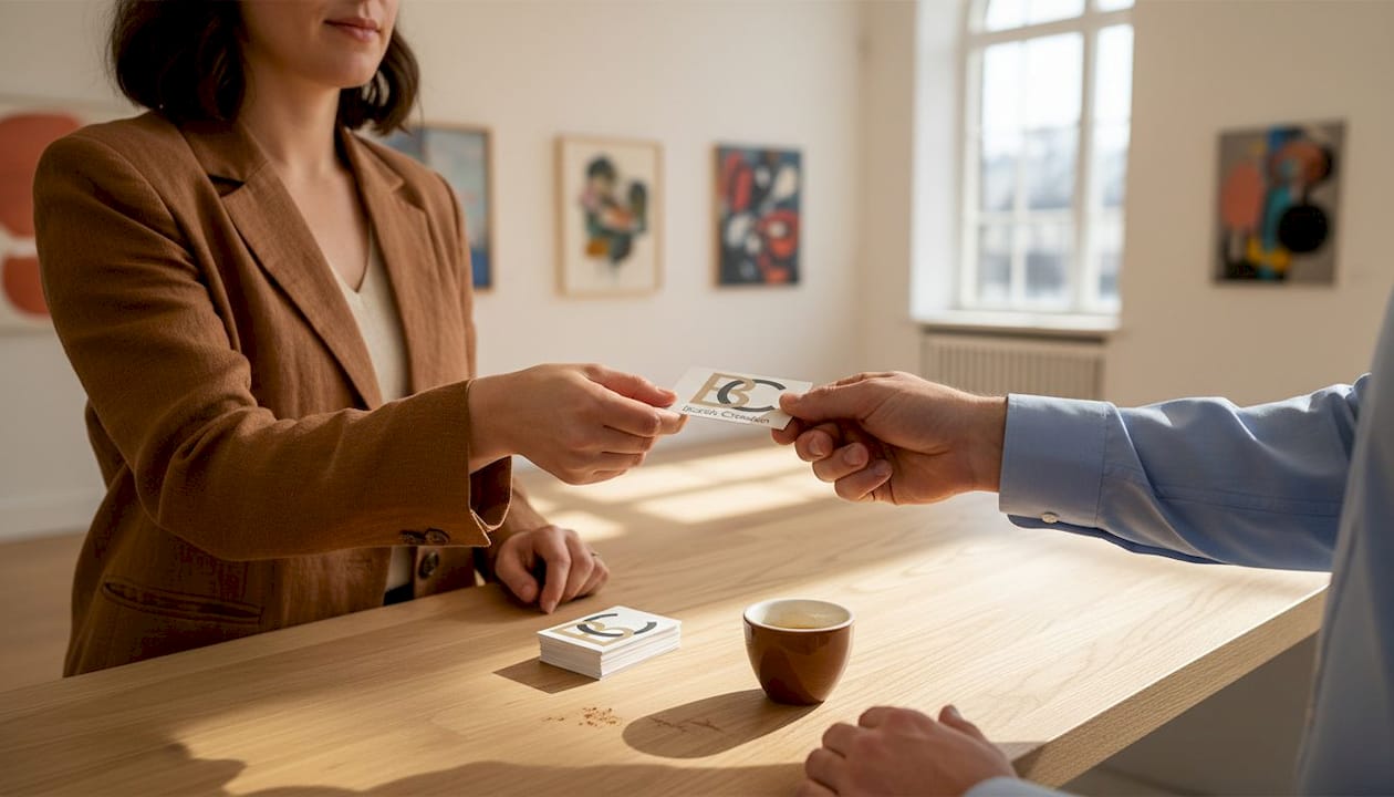 Photographer giving business card in art gallery