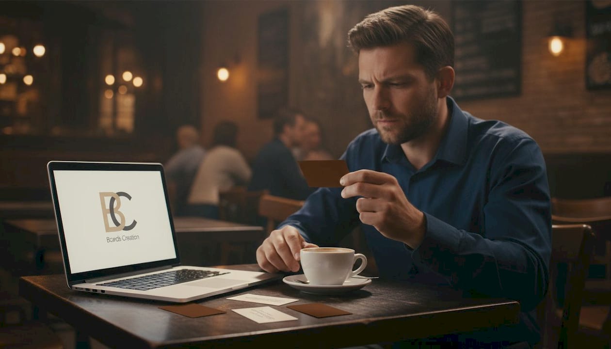 Man checks business card under dim light