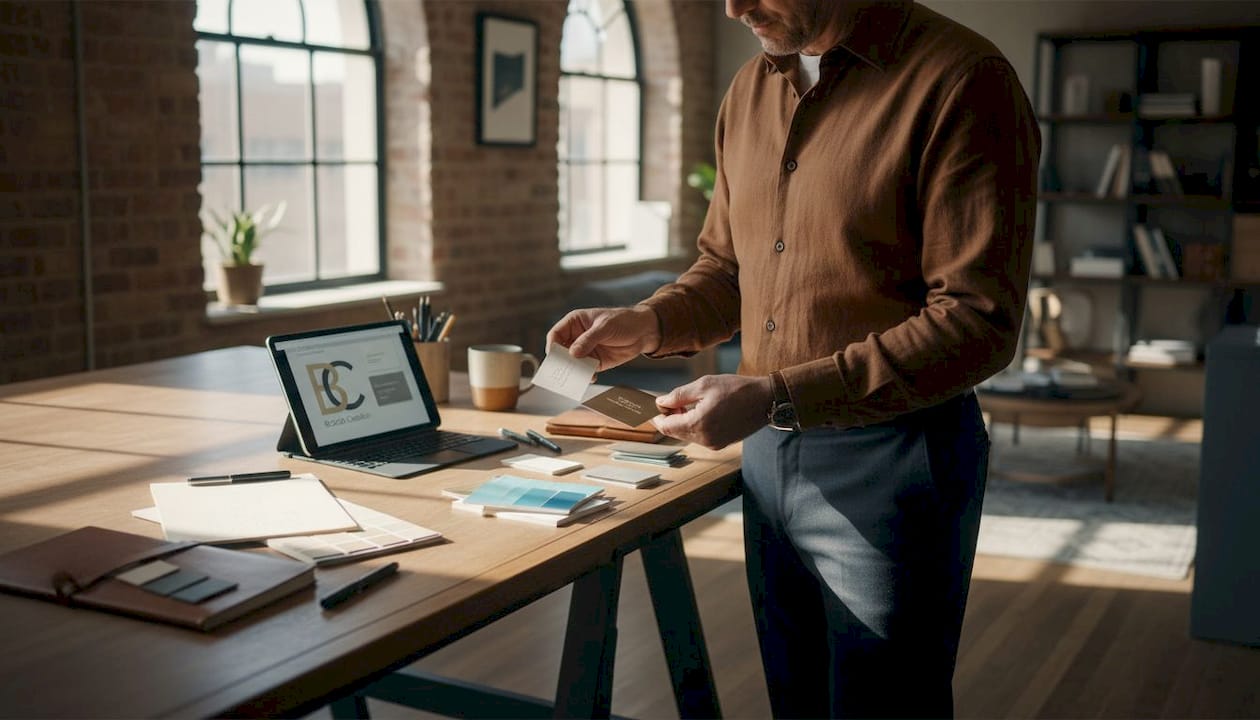 Designer examines card materials on drafting table