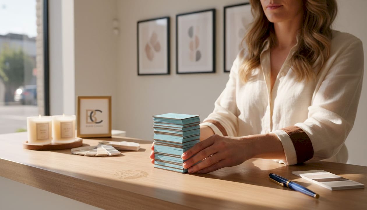 Salon owner arranging premium beauty branding materials