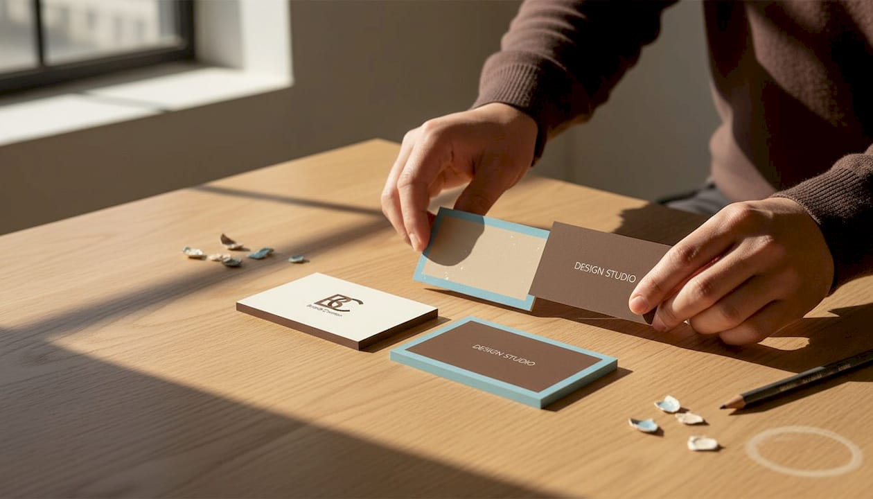 Hands arranging minimalist business cards
