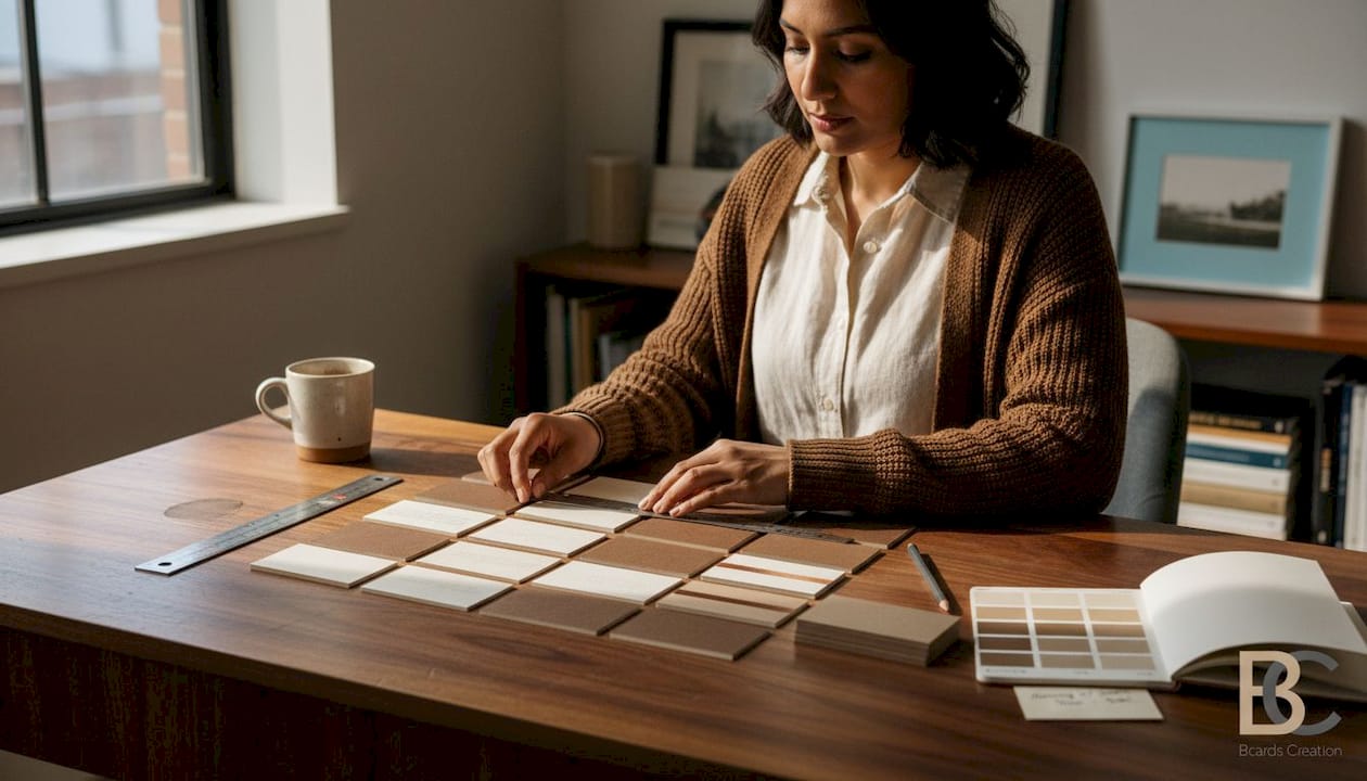 Designer arranging premium business cards on desk