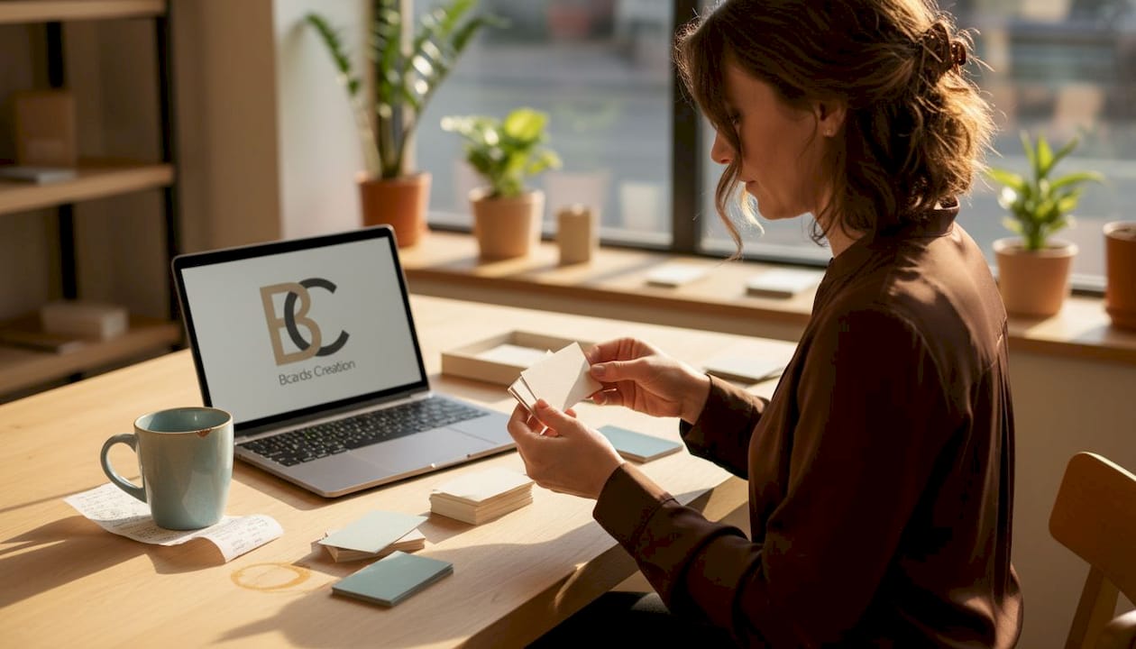 Business owner reviewing premium business cards at desk