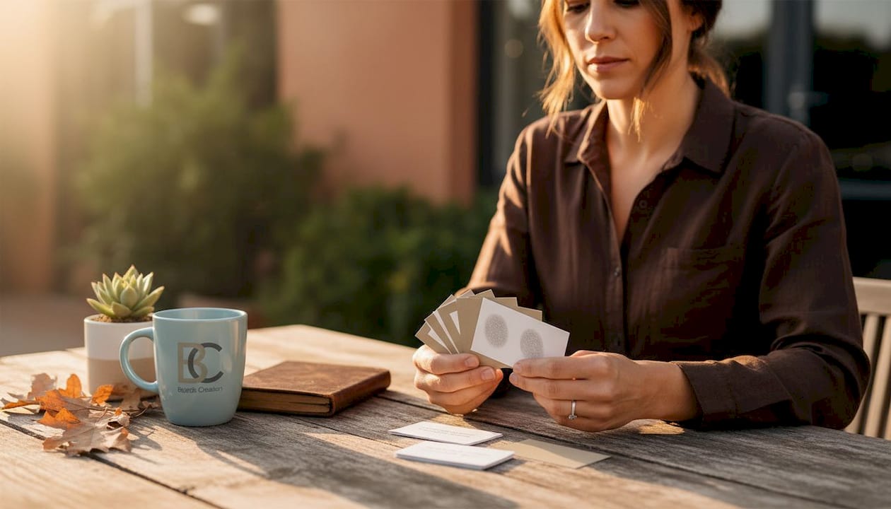 Person inspecting silk business cards in café