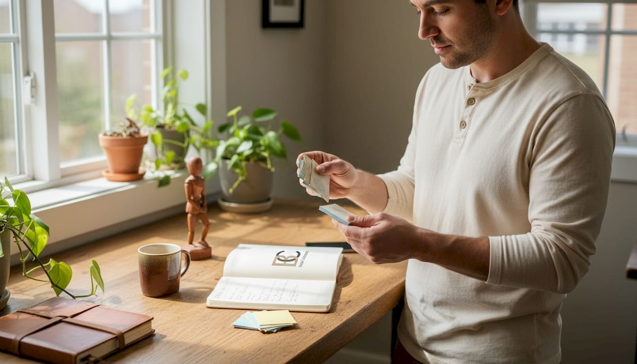 Small business owner reviewing thick business cards