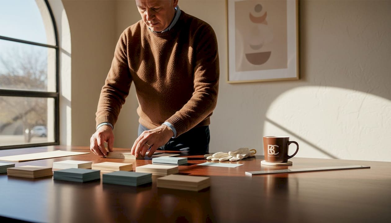 Print technician sorts luxury business cards on studio table