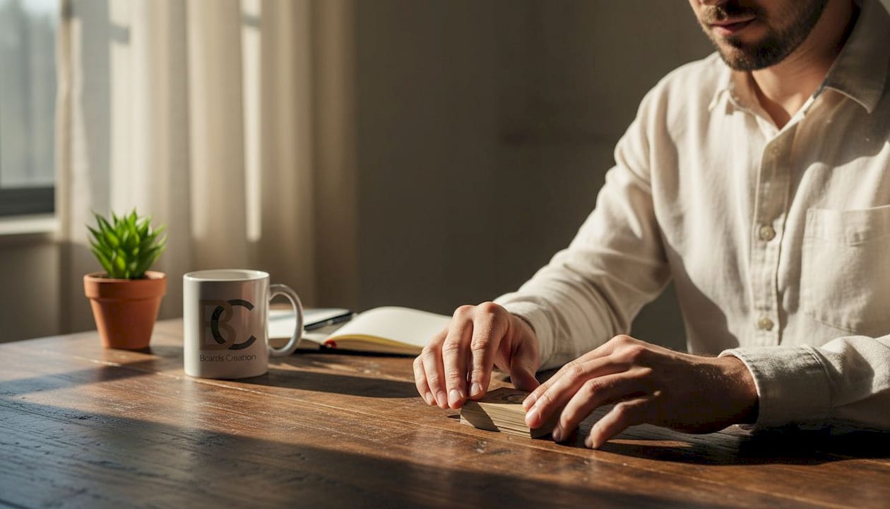 Man comparing business card textures at desk