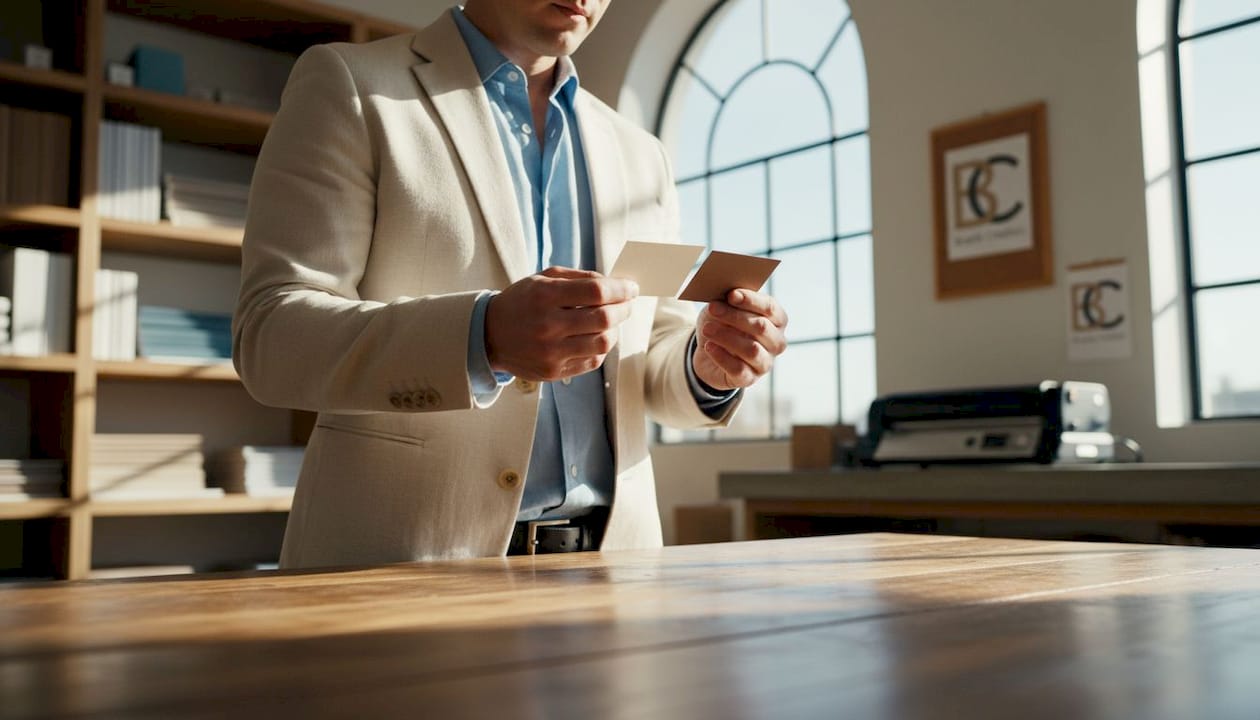 Person comparing business card paper stock samples at print shop