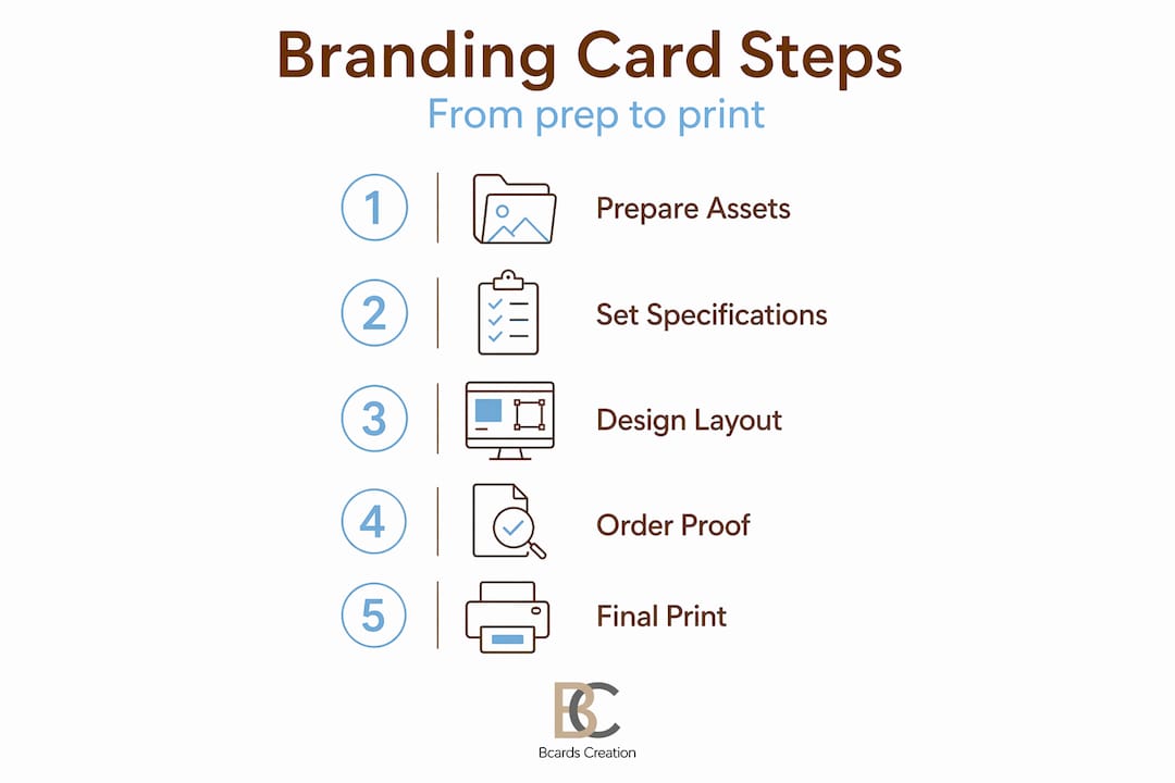 Infographic of business card design steps from assets to print