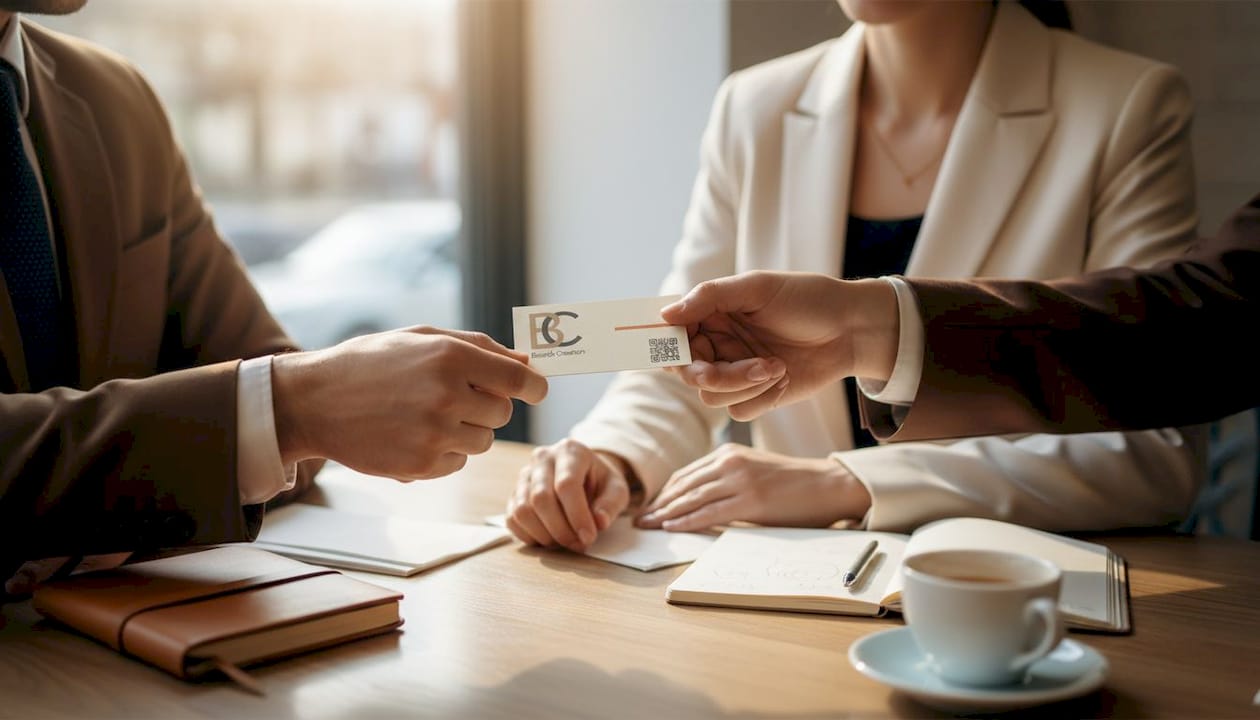 Businesspeople exchanging double-sided business card