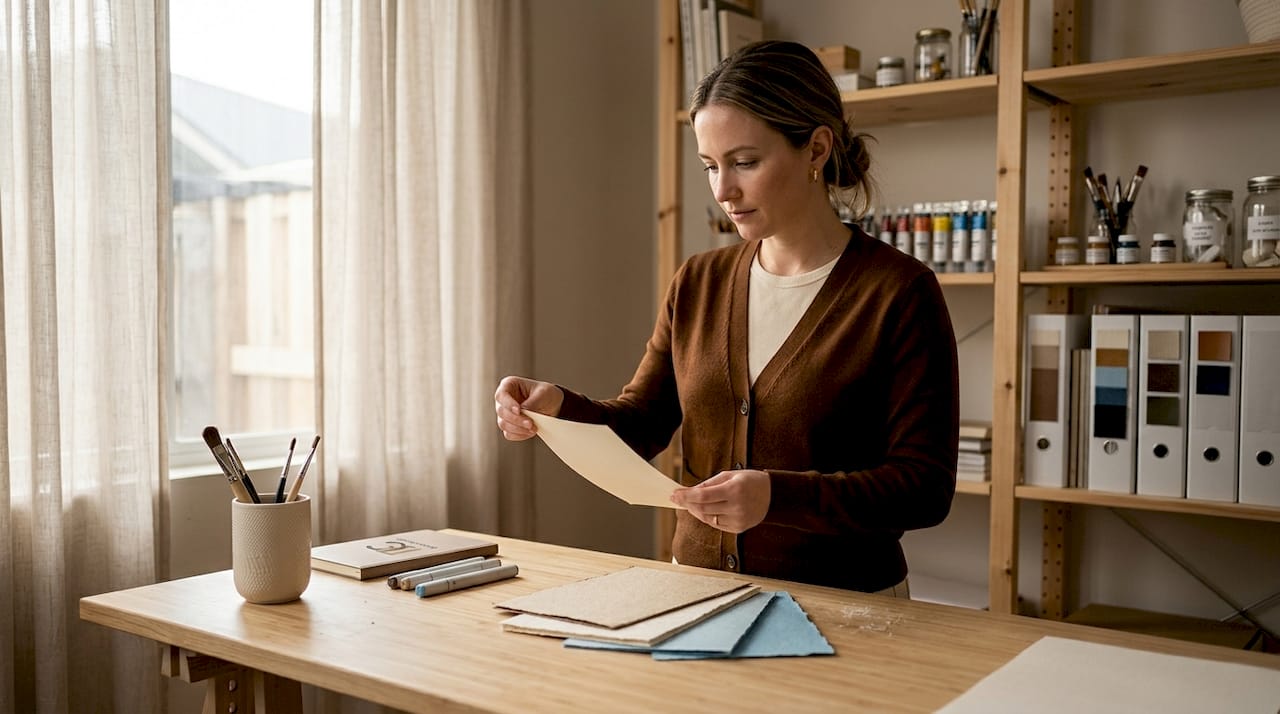 Designer examining card stock samples at drafting table