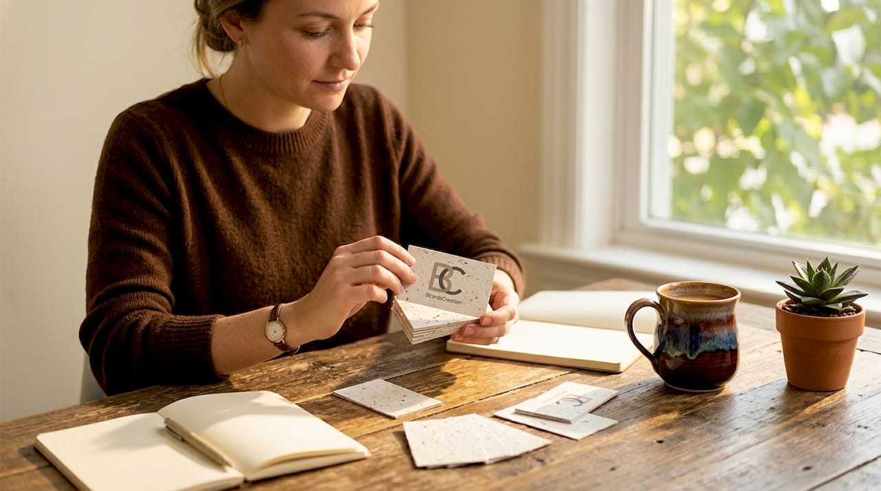 Person examines recycled business cards at kitchen table
