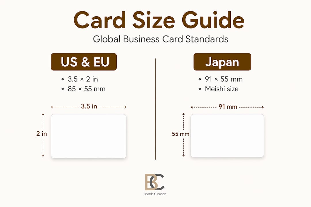 Infographic comparing standard global business card sizes