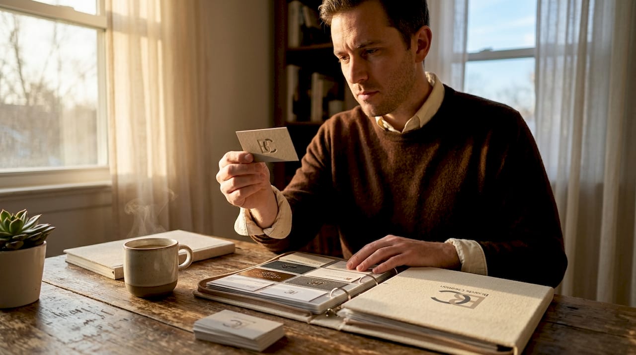 Man reviewing business card material samples