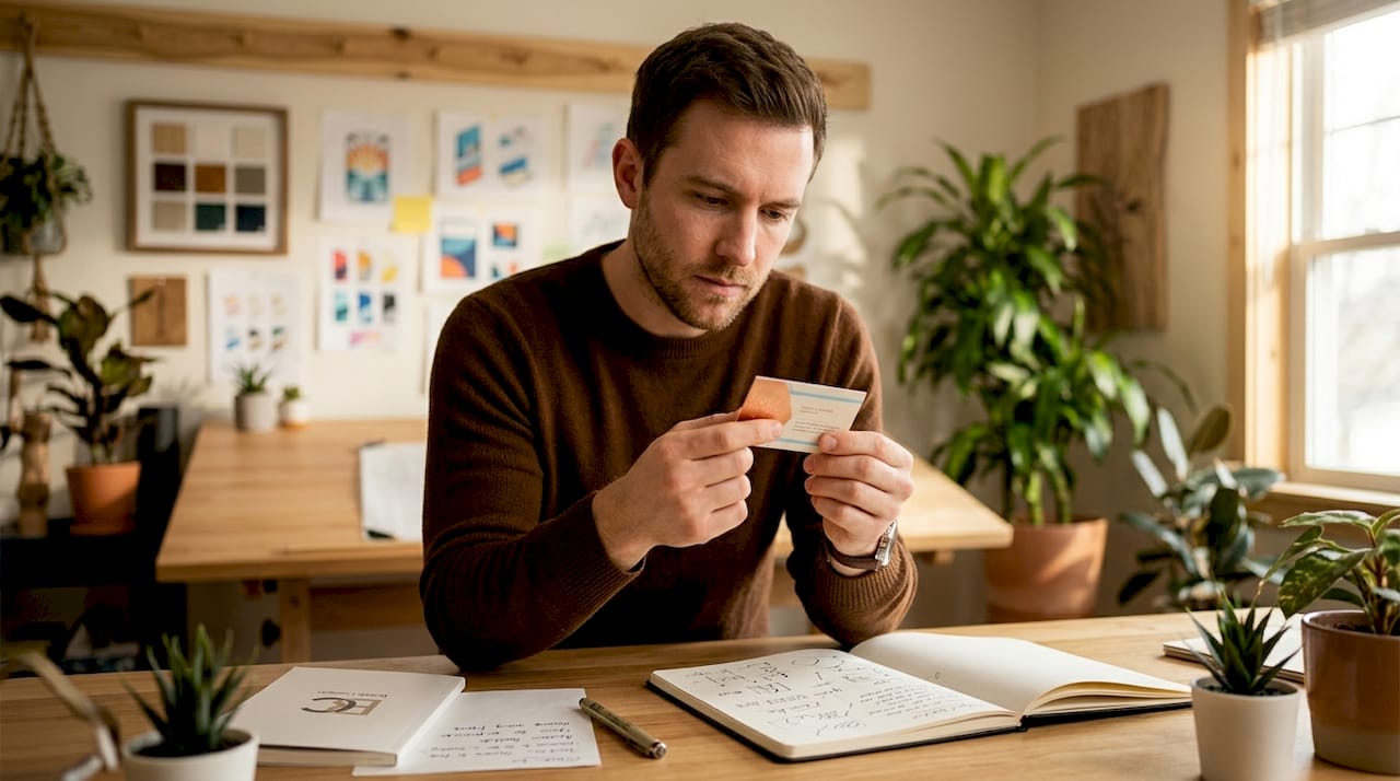 Designer examines embossed foil accent card