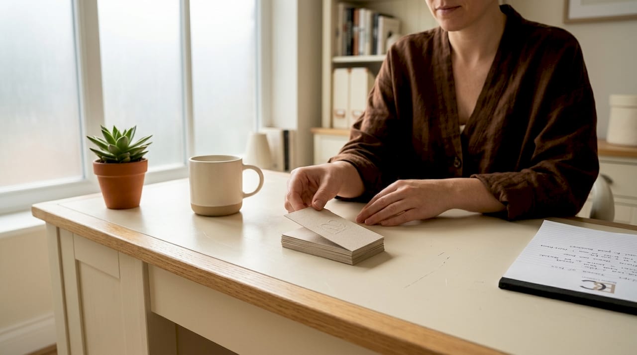 Professional sorting business cards at sunlit desk